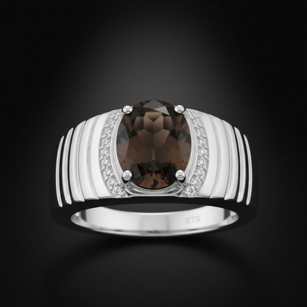 Smoky Brazilian Quartz Platinum Over Brass Ribbed Statement Men's Ring 2.35 CTW